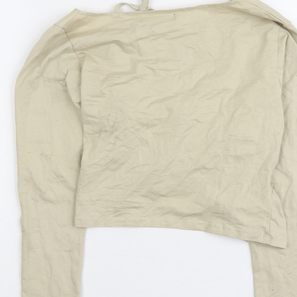 Motel Womens Beige Cotton Cropped Blouse Size S Boat Neck - Cut Out