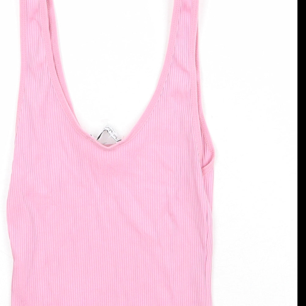 Stradivarius Womens Pink Polyamide Basic Tank Size M Scoop Neck - Ribbed
