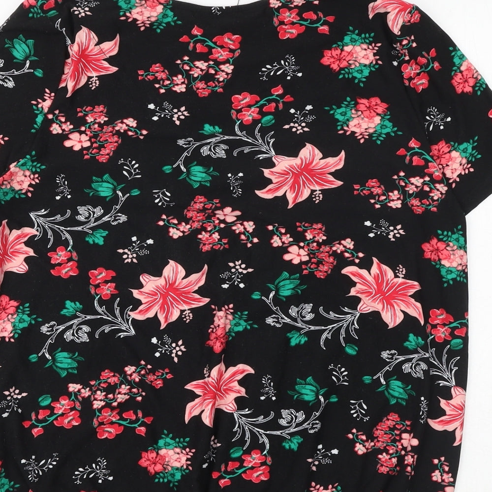 Poetic Soul Womens Black Floral Viscose Basic Blouse Size M Boat Neck - Front Pleat Detail