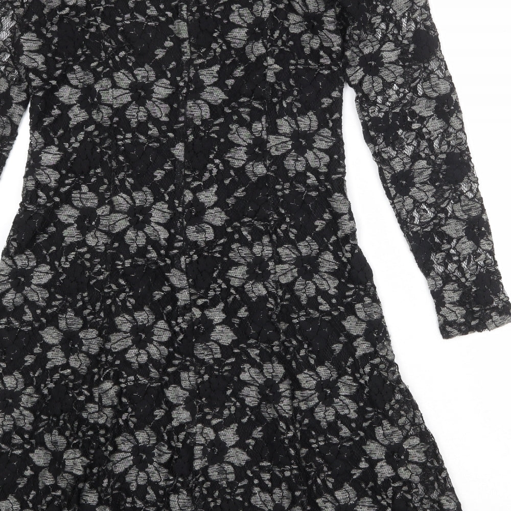 Kaliko Womens Black Floral Polyester A-Line Size 12 Boat Neck Zip