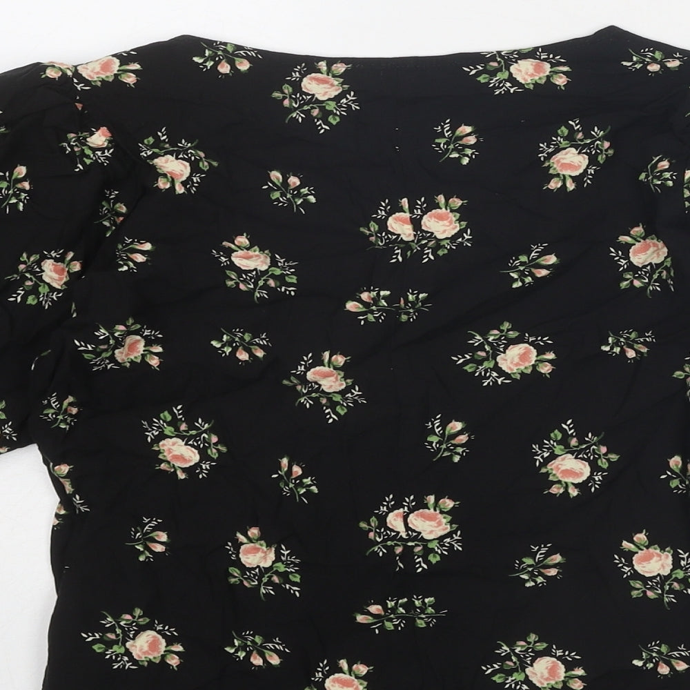 Dorothy Perkins Womens Black Floral Viscose Basic Button-Up Size 8 V-Neck