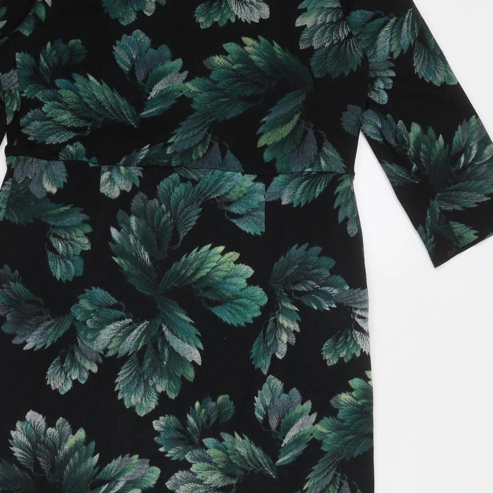 Roman Womens Black Geometric Polyester Sheath Size 12 Boat Neck Pullover - Leaf Print
