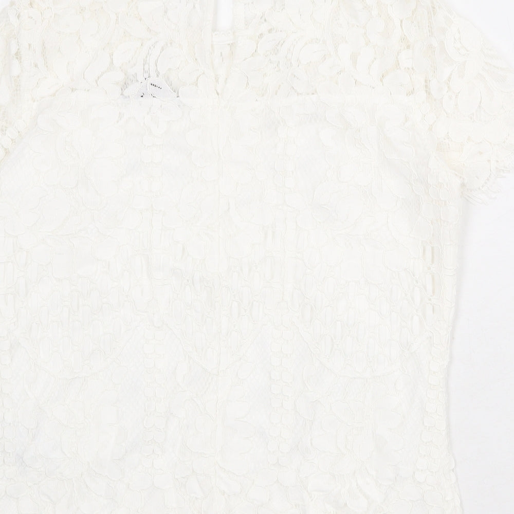 Lipsy Womens White Geometric Viscose Basic Blouse Size 12 Round Neck