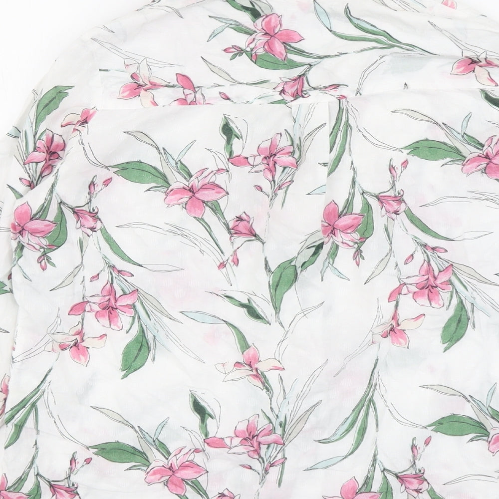 Classic Womens White Floral Cotton Basic Button-Up Size 12 Collared
