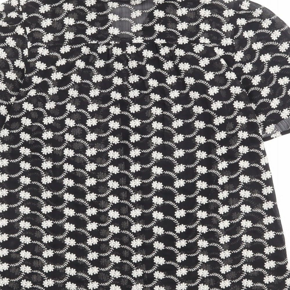 Marks and Spencer Womens Black Floral Polyester Basic Button-Up Size 8 Collared