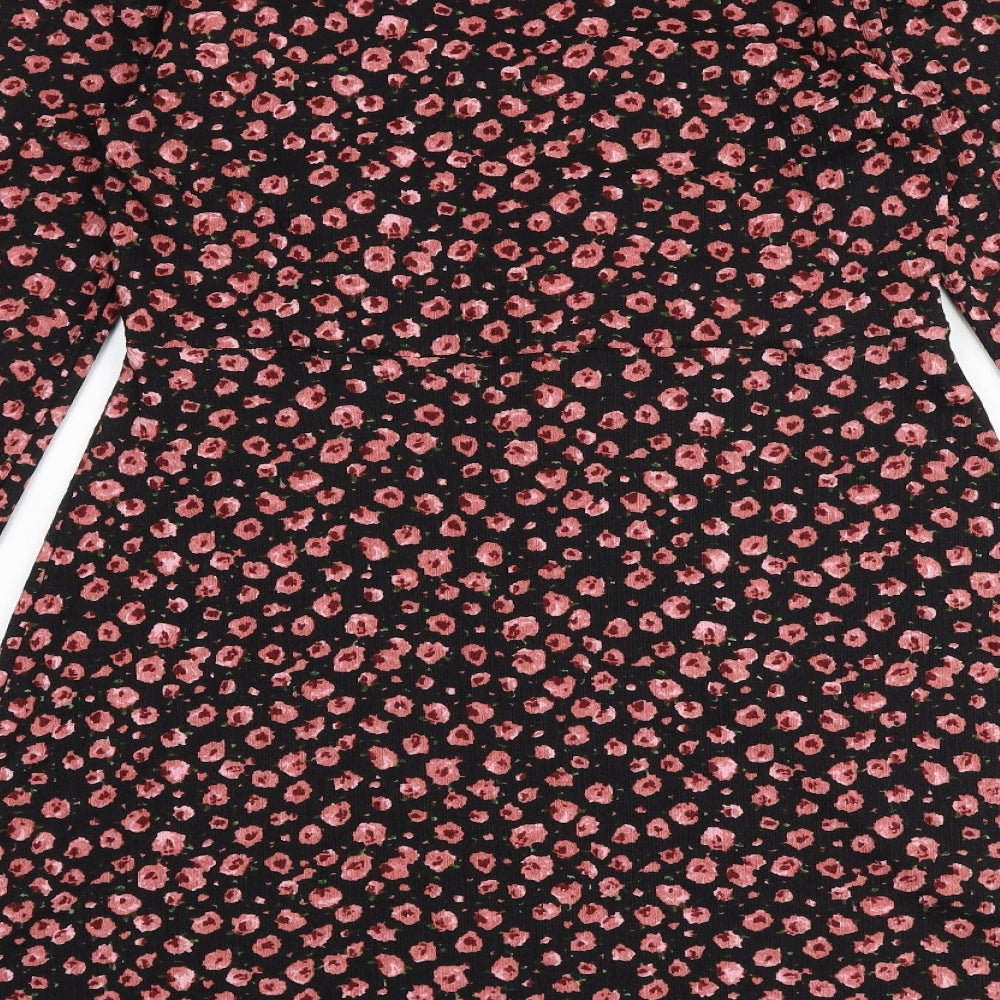 Dorothy Perkins Womens Black Floral Polyester A-Line Size 14 V-Neck Button