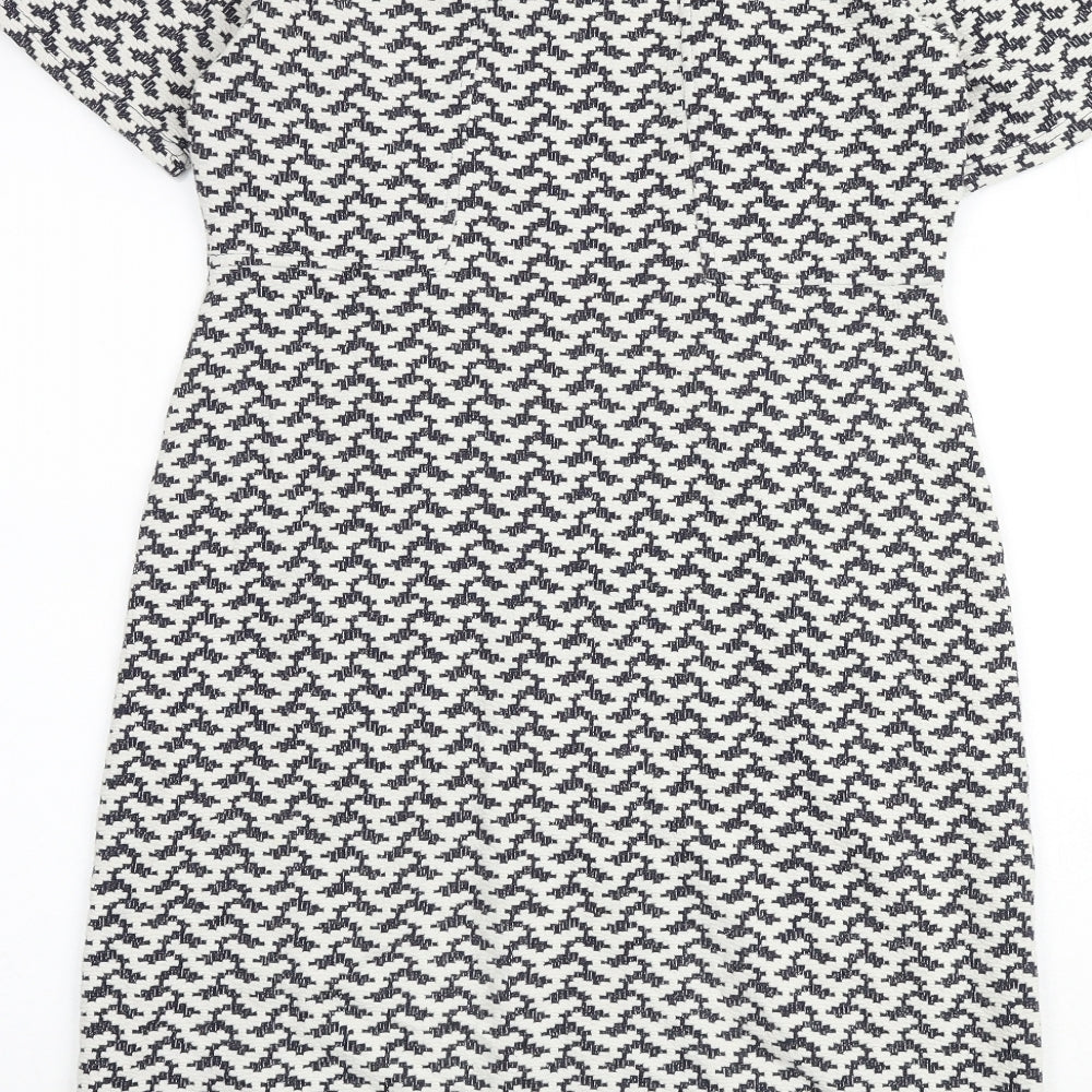 White Stuff Womens White Geometric Cotton Shift Size 10 Round Neck Zip