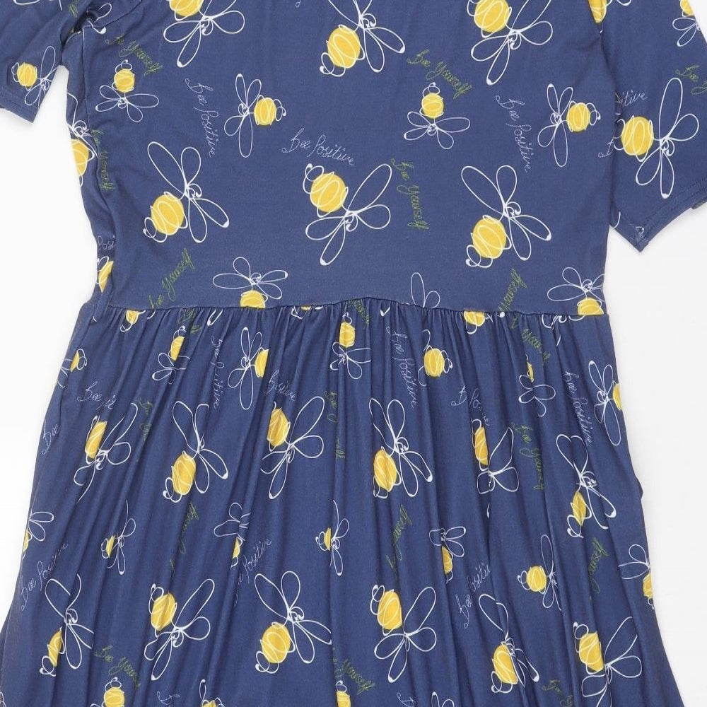 Popsy Womens Blue Geometric Polyester T-Shirt Dress Size 16 Round Neck Pullover - Bee pattern Bee positive