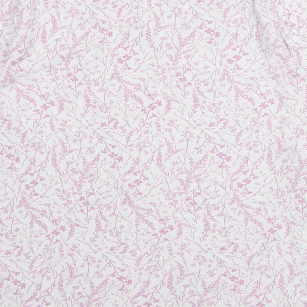 Marks and Spencer Womens White Floral 100% Cotton Basic T-Shirt Size 14 Round Neck