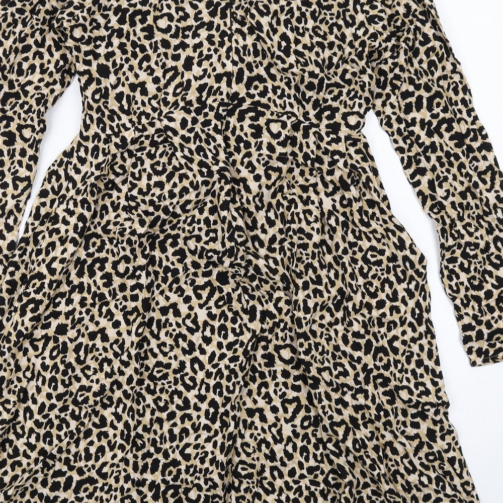 ASOS Womens Beige Animal Print Viscose A-Line Size 12 Round Neck Zip - Leopard Print , Twist Detail