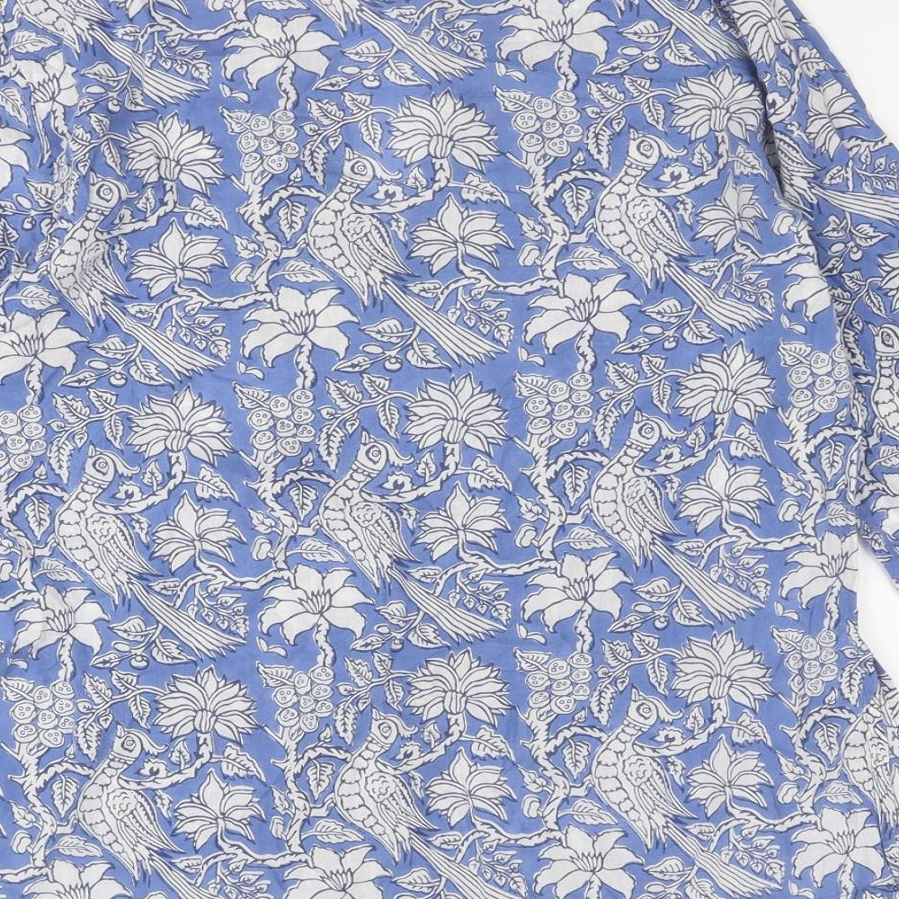 EAST Womens Blue Floral Cotton Basic Blouse Size 14 V-Neck