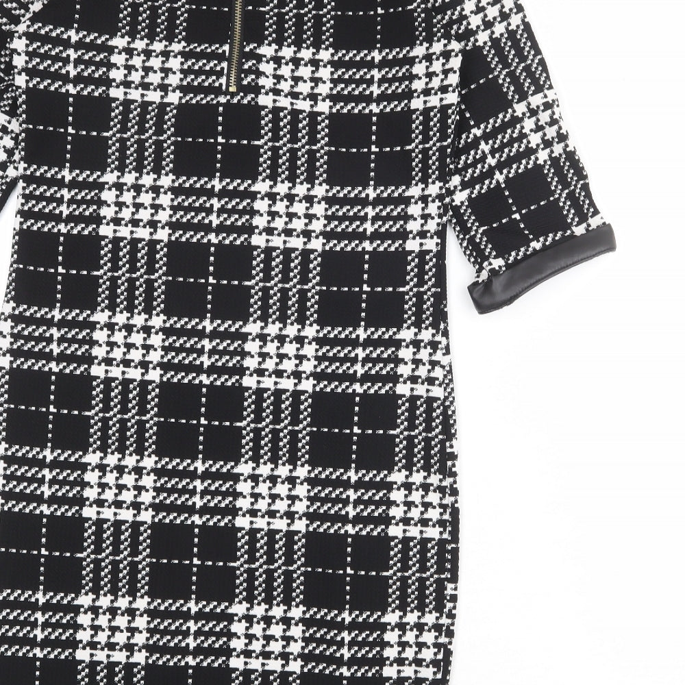 Krisp Womens Black Plaid Polyester Pencil Dress Size 8 Round Neck Zip