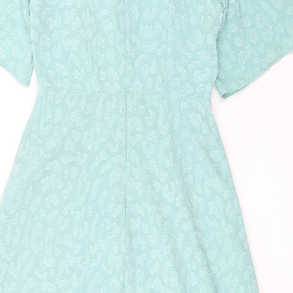 Marks and Spencer Womens Green Animal Print Polyester A-Line Size 10 Round Neck Zip - Ruched Detail