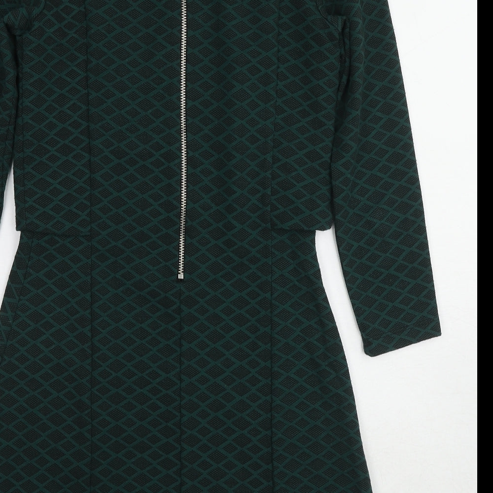 Topshop Womens Green Geometric Polyester A-Line Size 8 Round Neck Zip