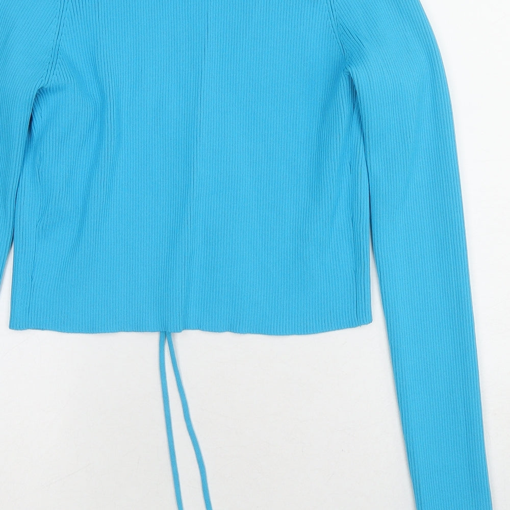 Zara Womens Blue V-Neck Nylon Cardigan Jumper Size L - Tie Front