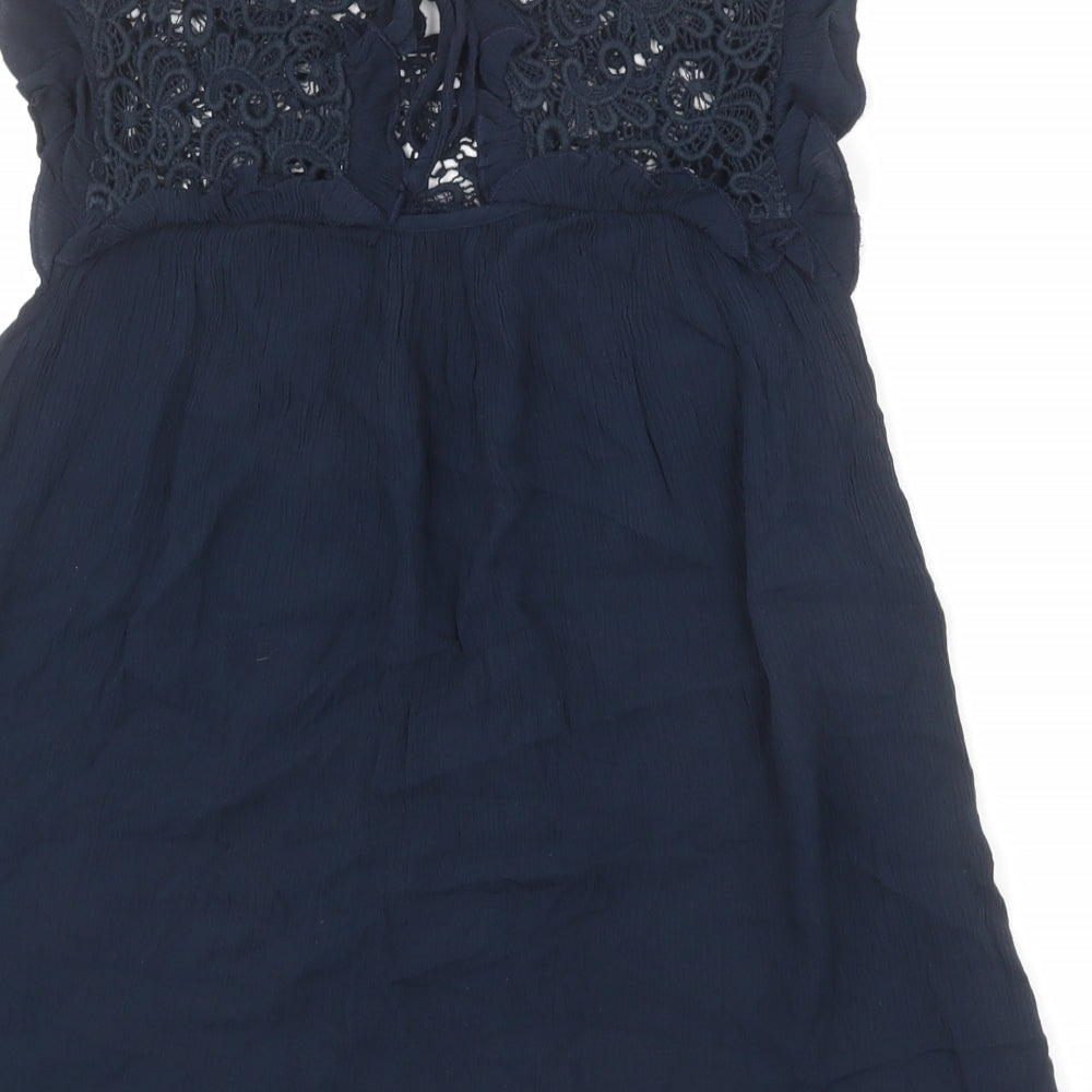 Dorothy Perkins Womens Blue Viscose Basic Blouse Size 12 Round Neck - Crocheted Lace Detail