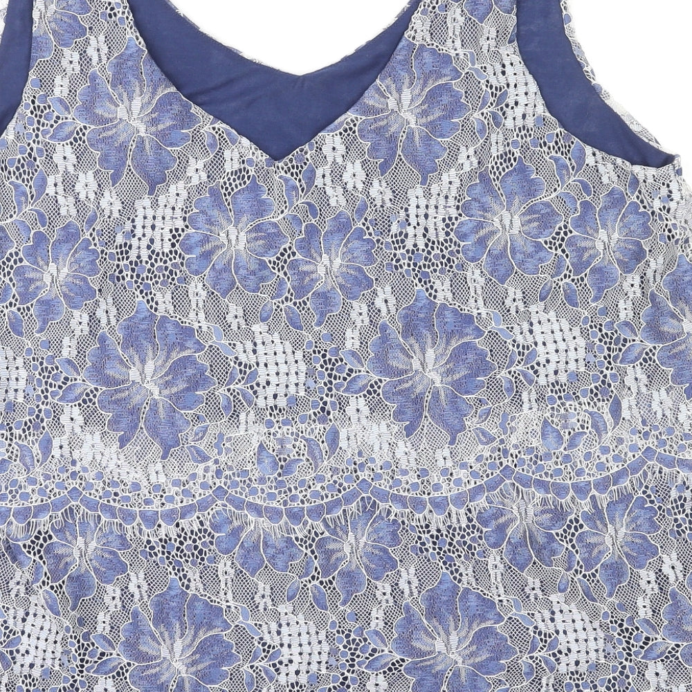 Yessica Womens Blue Floral Nylon Basic Tank Size L V-Neck