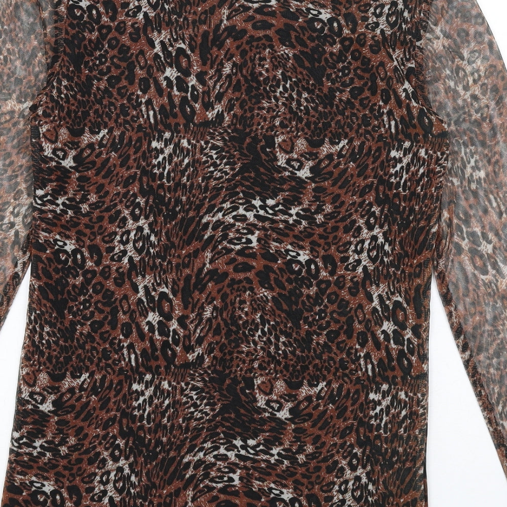 fransa Womens Brown Animal Print Polyester Basic T-Shirt Size XS Round Neck - Leopard Print, Sheer Sleeves