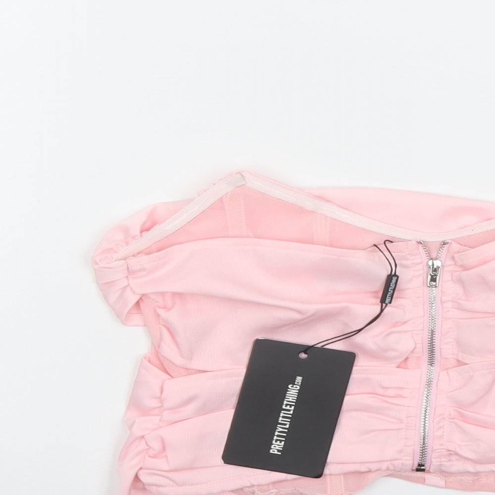 PRETTYLITTLETHING Womens Pink Polyester Cropped Tank Size 10 Cowl Neck - Corset Boned Top