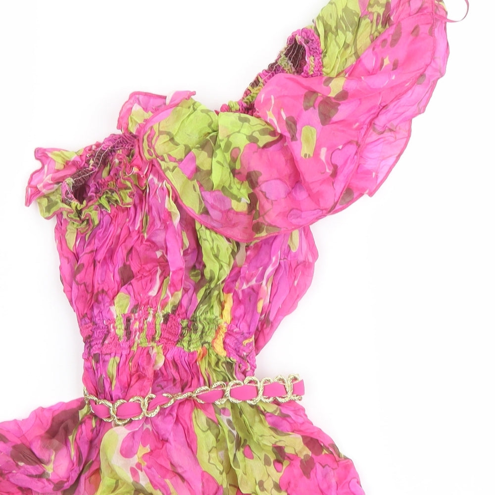 River Island Womens Pink Floral Silk Basic Blouse Size 16 One Shoulder - Belted