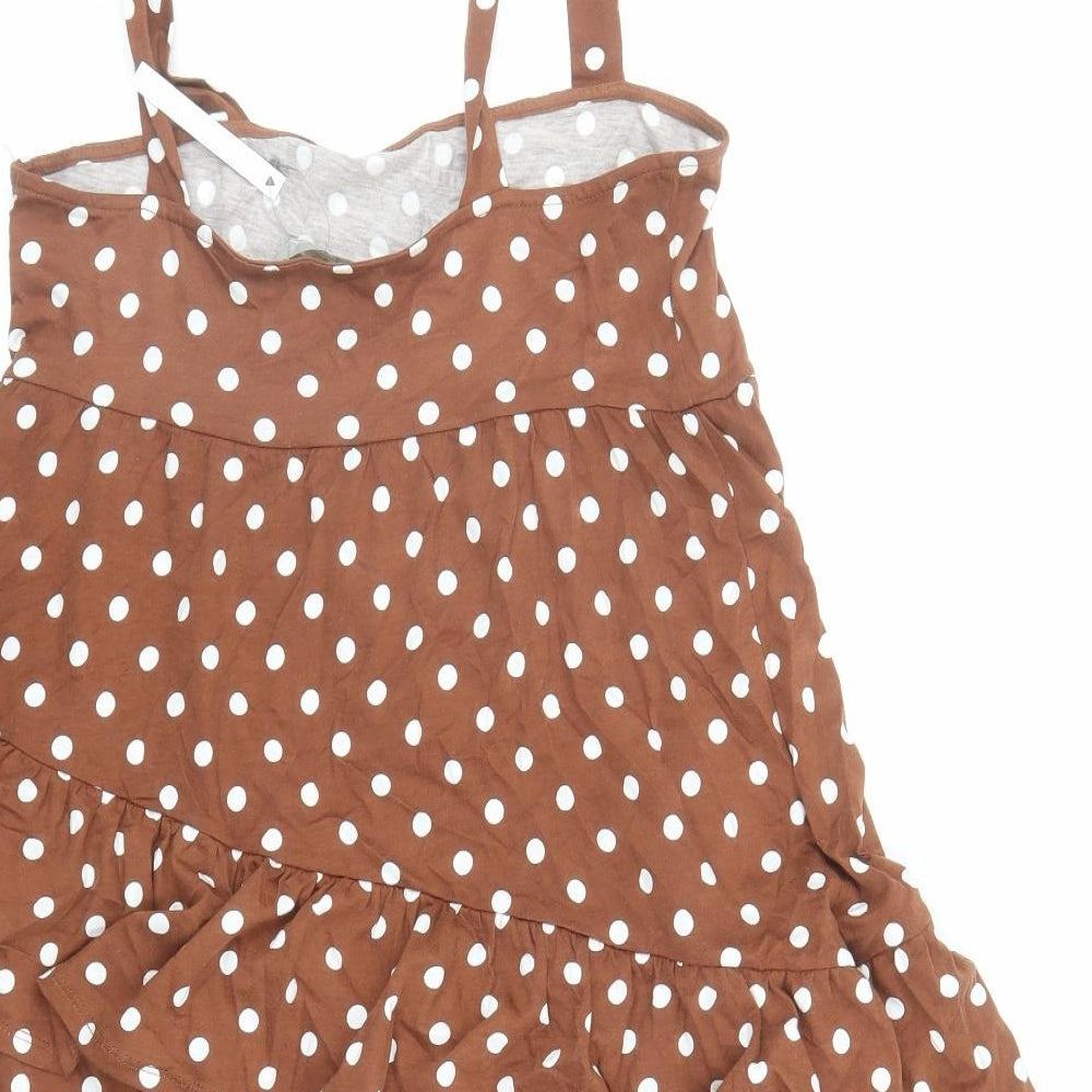 ASOS Womens Brown Polka Dot Cotton Tank Dress Size 10 Square Neck Tie
