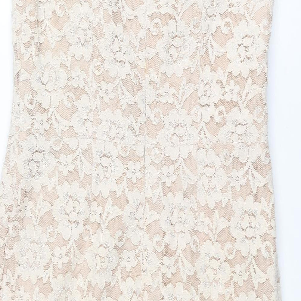 Michael Ambers Womens Beige Floral Polyester Pencil Dress Size 14 V-Neck Zip