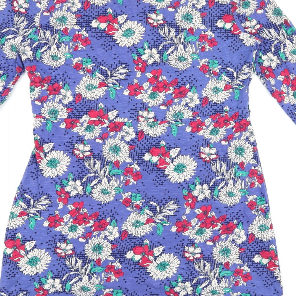 Marks and Spencer Womens Blue Floral Cotton Basic T-Shirt Size 10 V-Neck