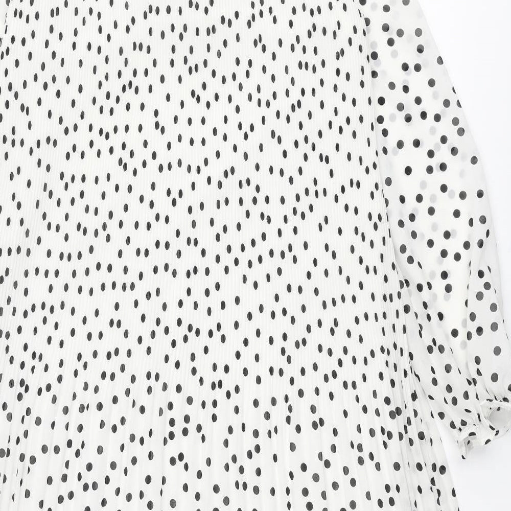 Warehouse Womens White Polka Dot Polyester Shift Size 10 Mock Neck Button - Pleated