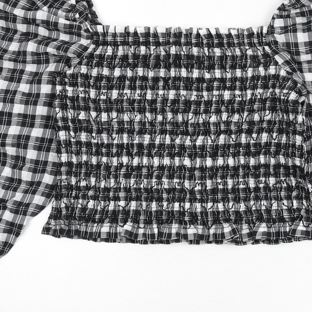 H&M Womens Grey Plaid Cotton Cropped Blouse Size M Square Neck - Shirred