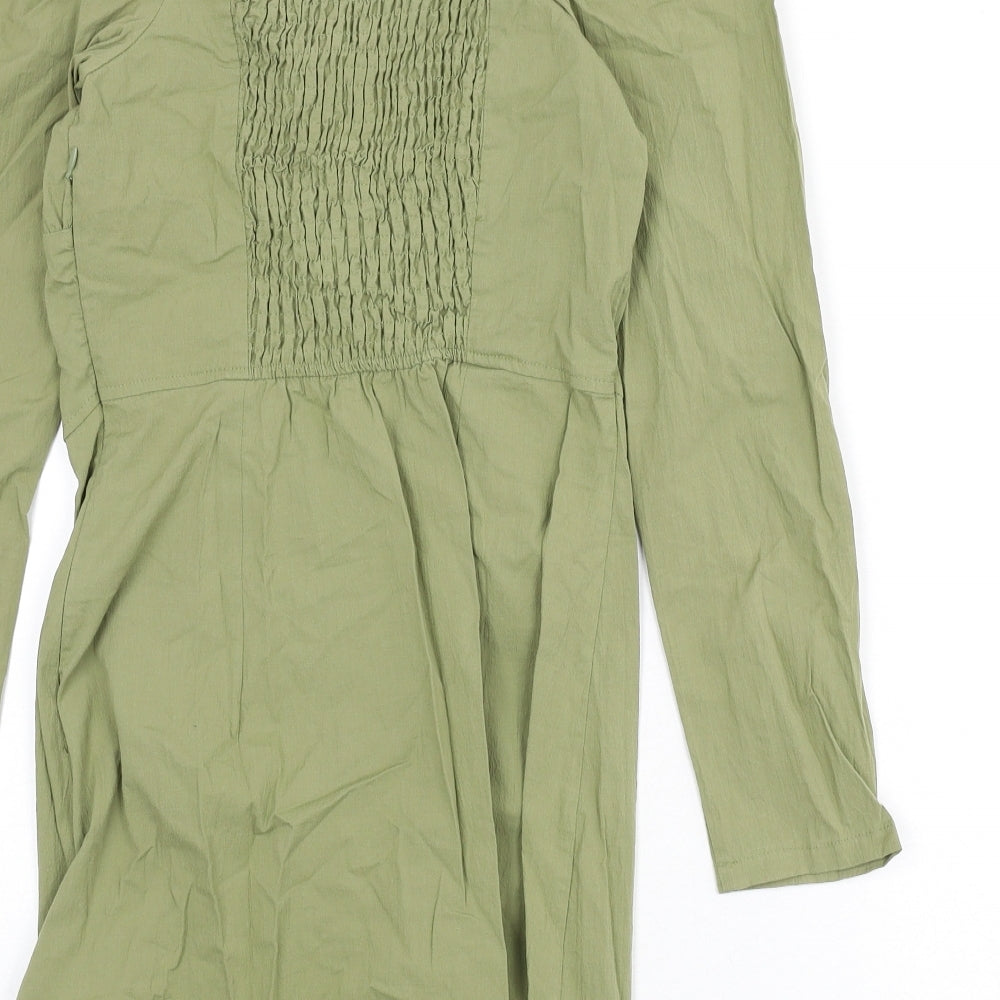 Bershka Womens Green Cotton Bodycon Size M Square Neck Zip - Shirred Back