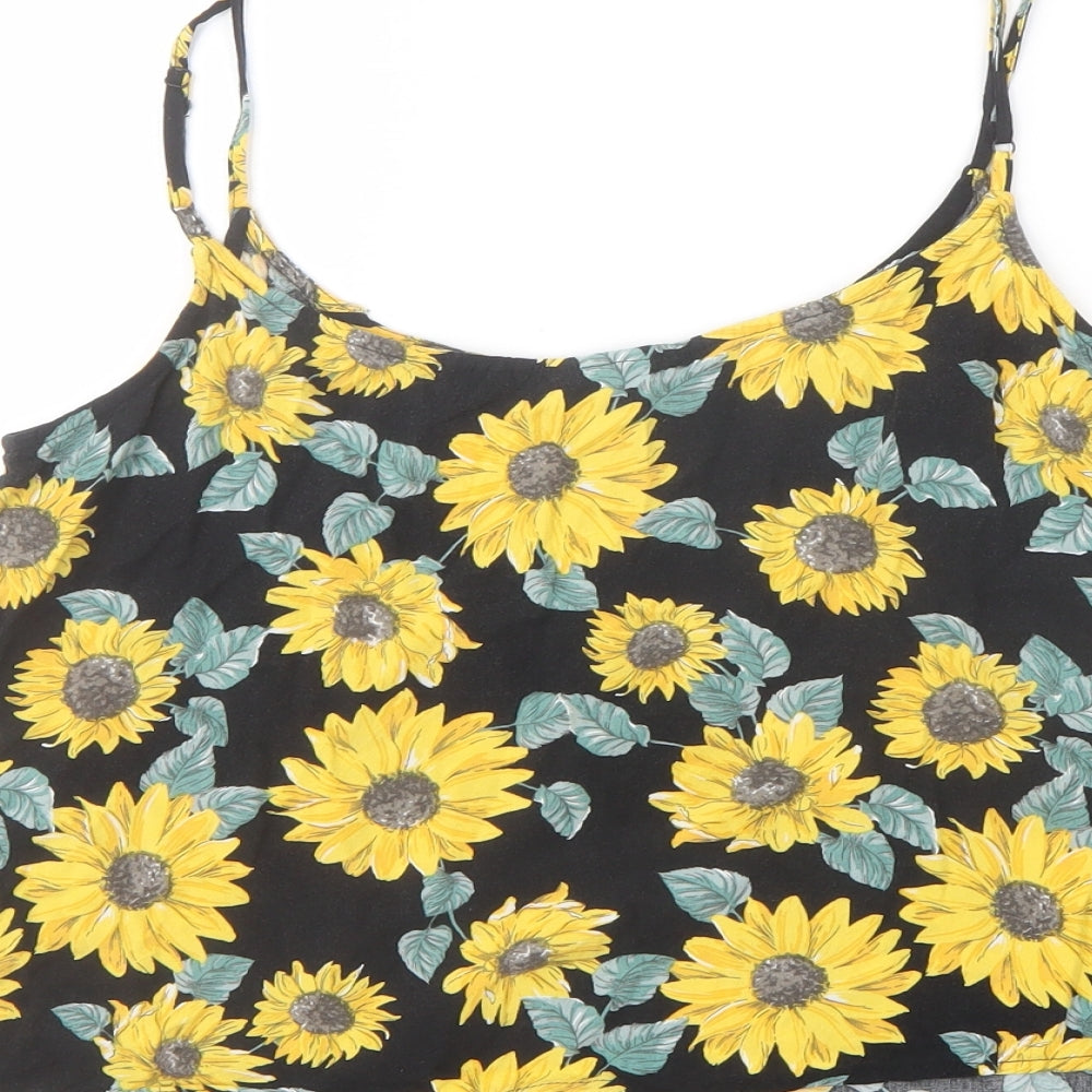 H&M Womens Black Floral Viscose Cropped T-Shirt Size 12 Square Neck