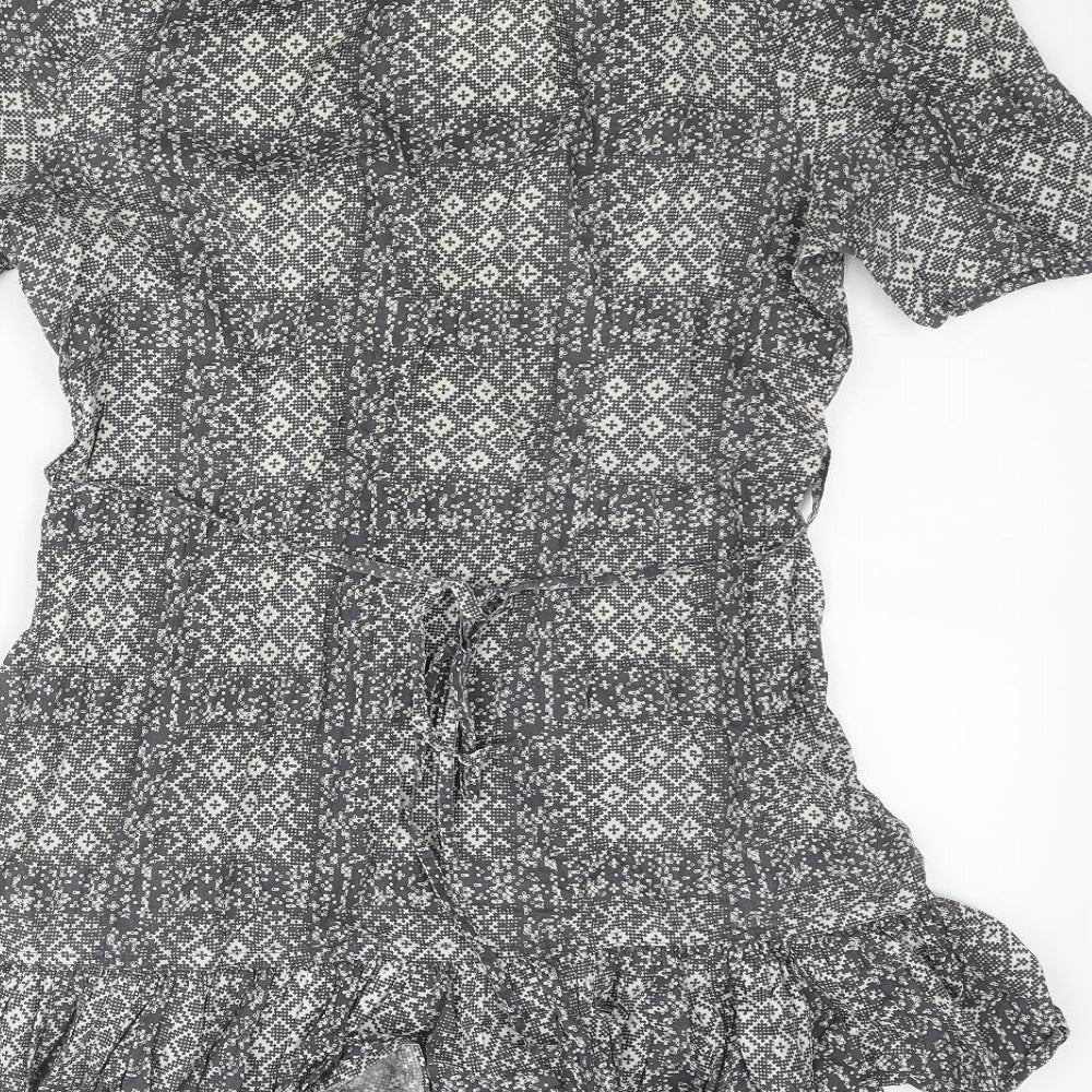 Dorothy Perkins Womens Grey Geometric Cotton Basic Blouse Size 12 Off the Shoulder - Belted Frill