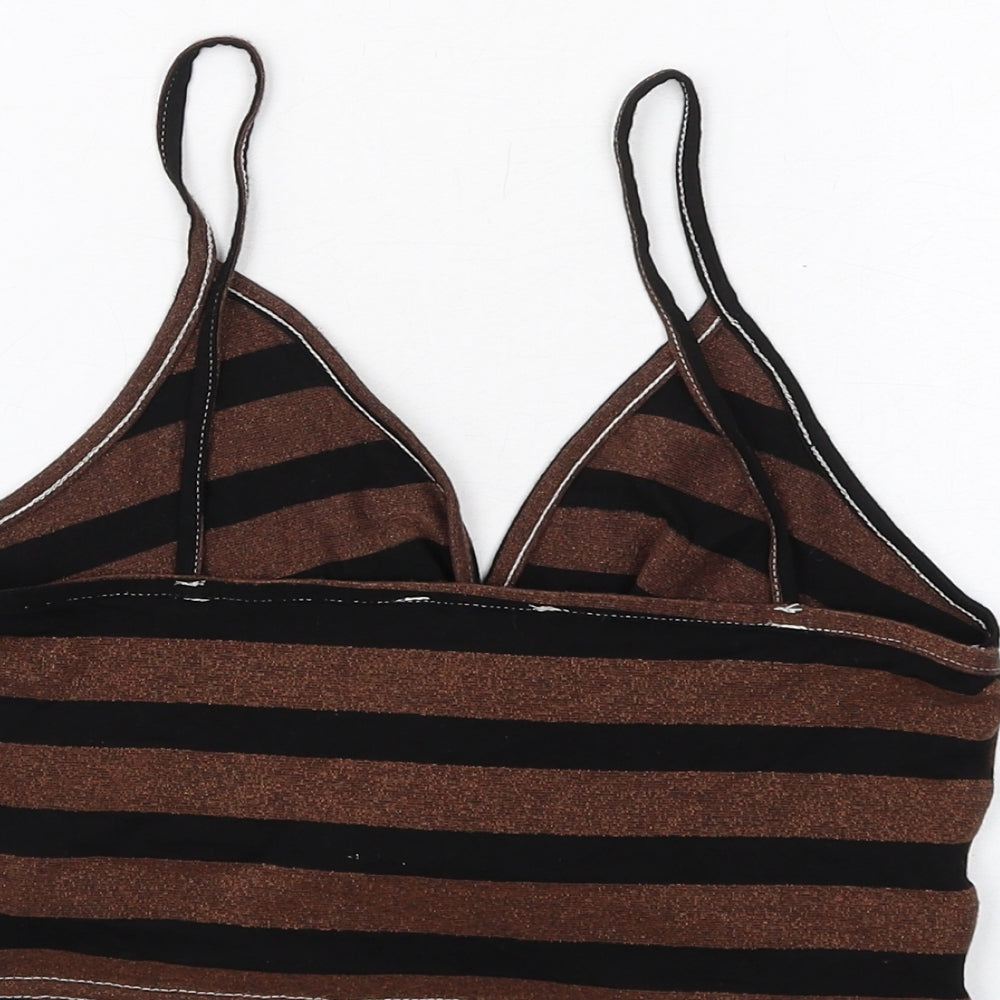 New Look Womens Brown Striped Viscose Cropped T-Shirt Size 12 V-Neck - Twist Front