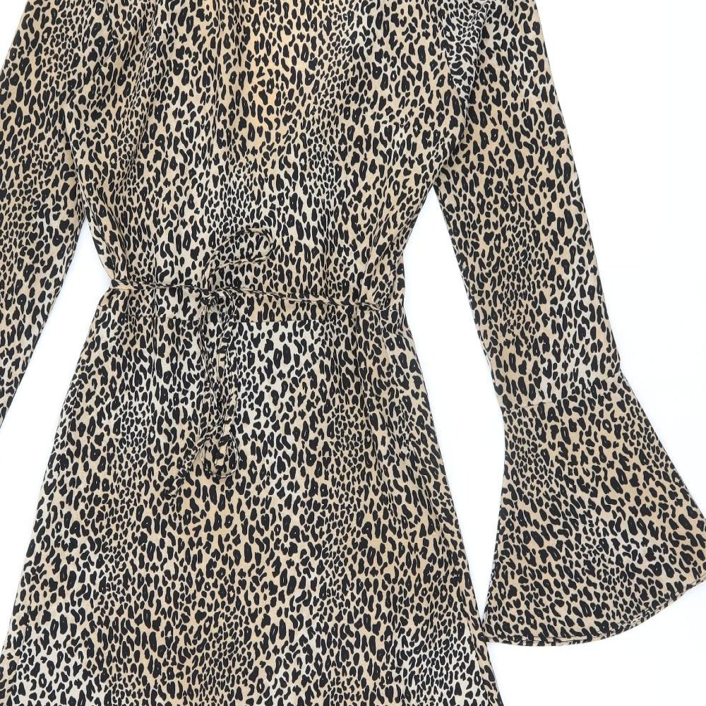 H&M Womens Brown Animal Print Polyester Wrap Dress Size 6 V-Neck Tie - Leopard Print