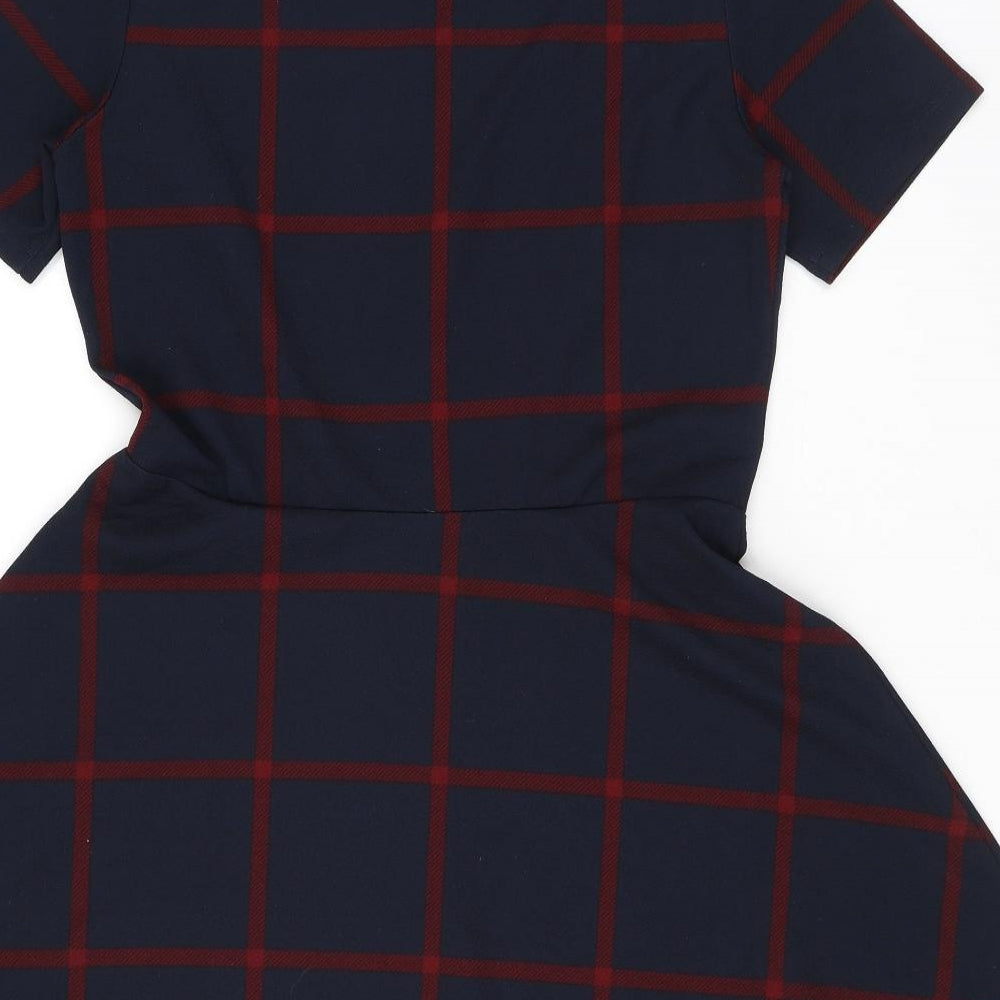 Divided by H&M Womens Blue Check Polyester Skater Dress Size 14 Round Neck Pullover