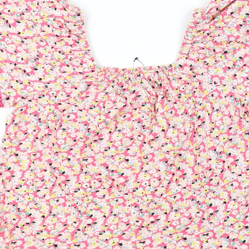 Marks and Spencer Womens Pink Floral 100% Cotton Basic Blouse Size 6 Square Neck - Crochet Detail
