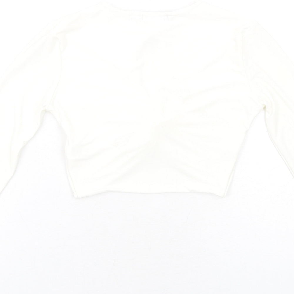 PRETTYLITTLETHING Womens Ivory Polyester Cropped T-Shirt Size 6 Round Neck - Twist Front