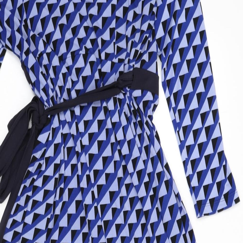 Marks and Spencer Womens Blue Geometric Polyester Wrap Dress Size 12 V-Neck Tie