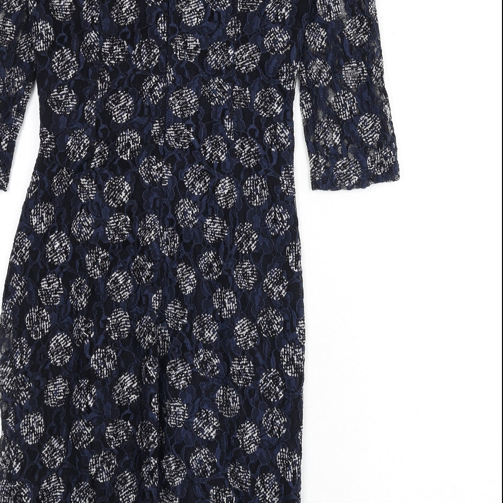 Phase Eight Womens Blue Geometric Polyester Pencil Dress Size 8 Boat Neck Zip - Lace Overlay