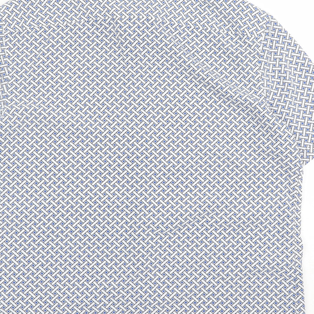 Marks and Spencer Mens Blue Geometric Polyester Button-Up Size L Collared Button