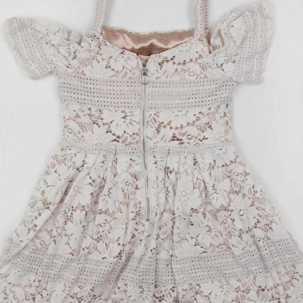 River Island Girls White Cotton Fit & Flare Size 7 Years Square Neck Zip - Lined