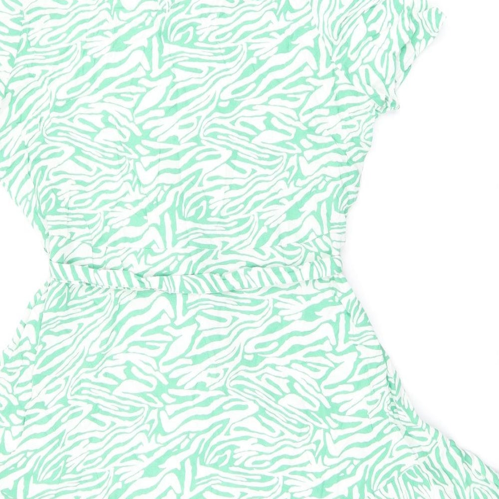 Marks and Spencer Womens Green Animal Print Viscose Skater Dress Size 12 Round Neck Button - Zebra Print, Belted