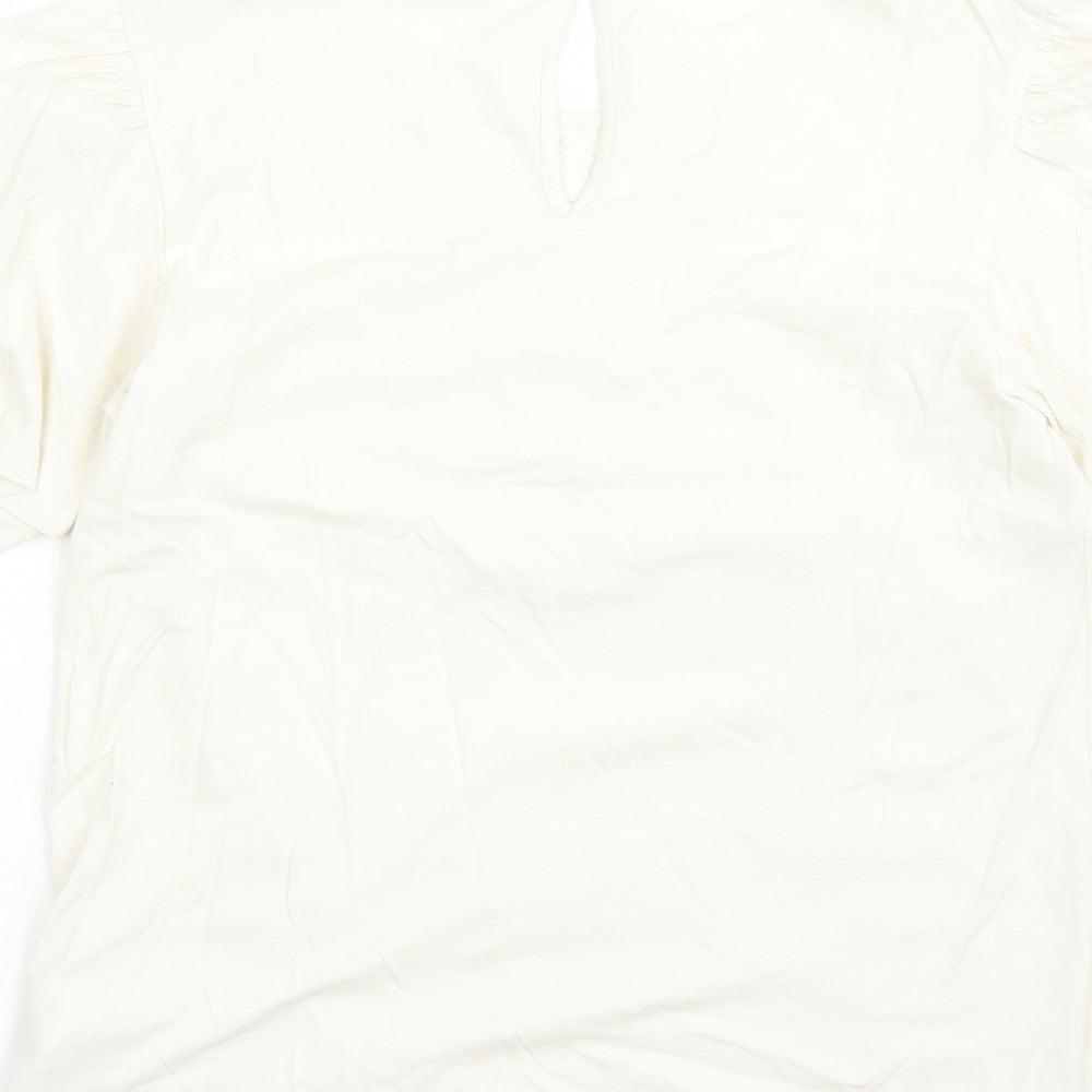 marks and Womens Ivory Floral 100% Cotton Basic T-Shirt Size 6 Round Neck - Embroidered Detail