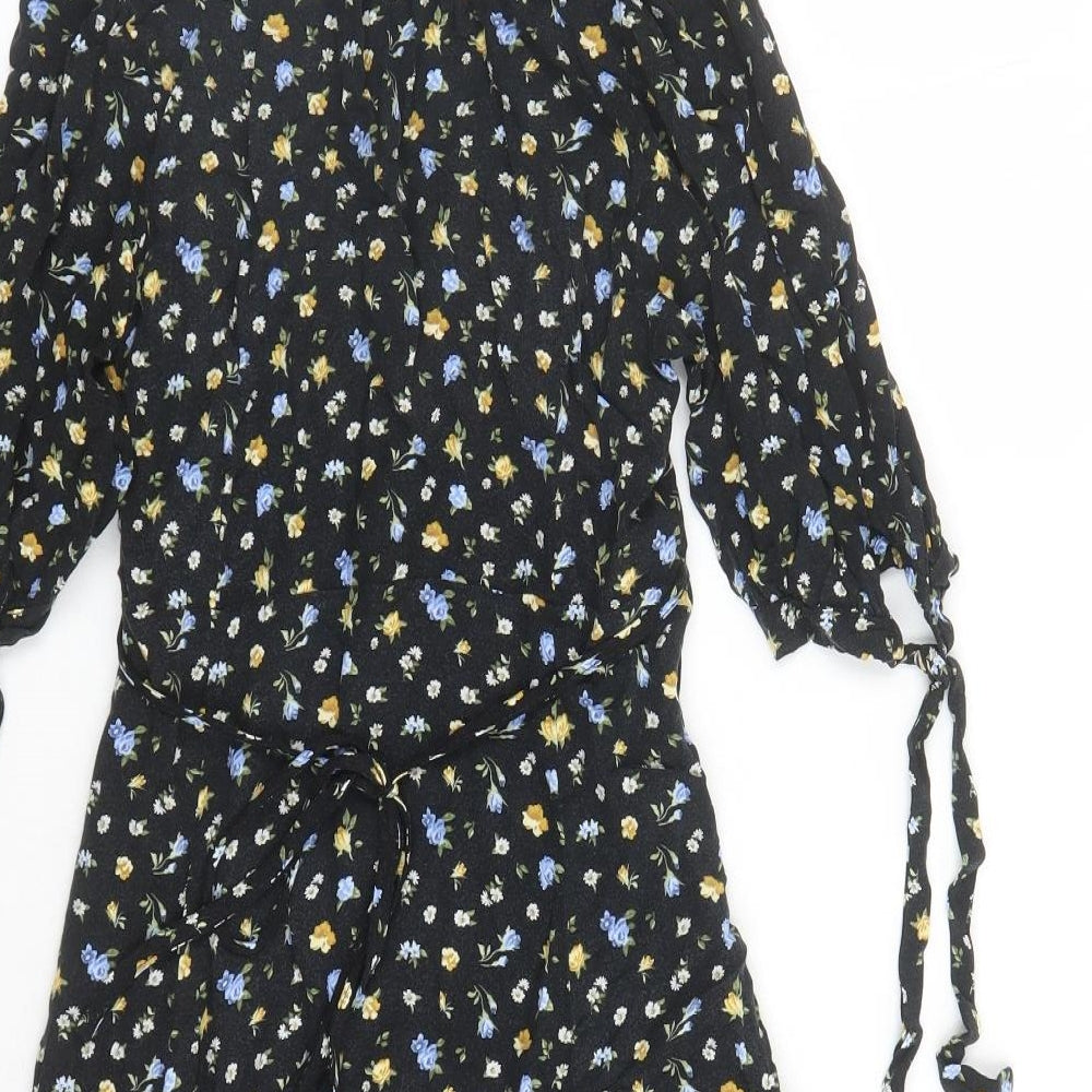 New Look Womens Black Floral Viscose A-Line Size 10 V-Neck Zip
