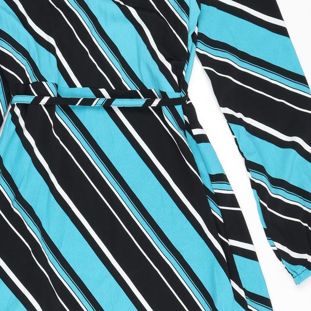 Marks and Spencer Womens Multicoloured Striped Polyester A-Line Size 10 Round Neck Button - Tie Detail