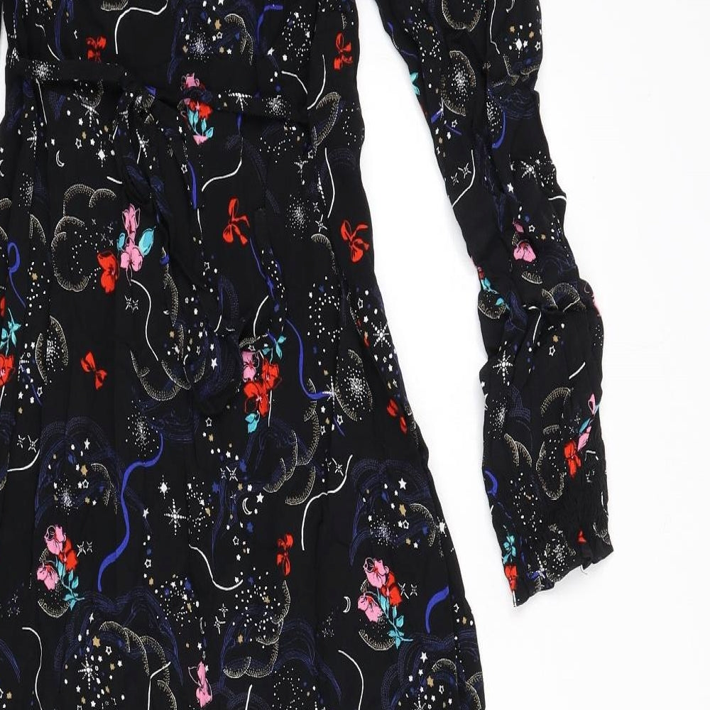 Marks and Spencer Womens Black Geometric Viscose A-Line Size 10 V-Neck Zip - Tie Detail