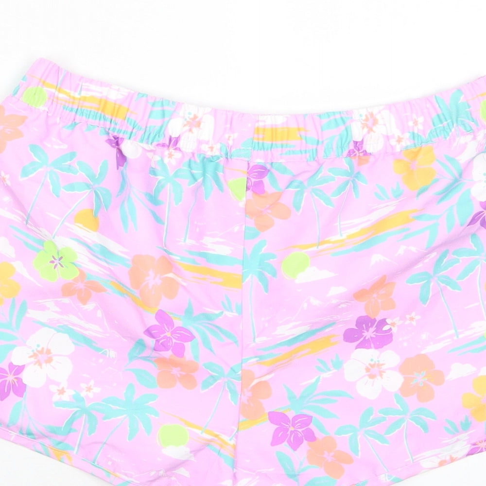Marks and Spencer Girls Purple Floral Polyester Sweat Shorts Size 11-12 Years Regular Drawstring - Swim shorts