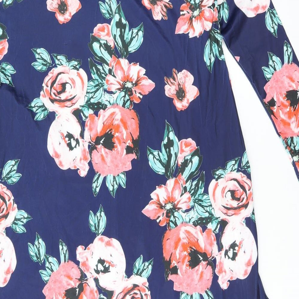 Isassy Womens Blue Floral Polyester Shift Size L Round Neck Pullover - Split Hem