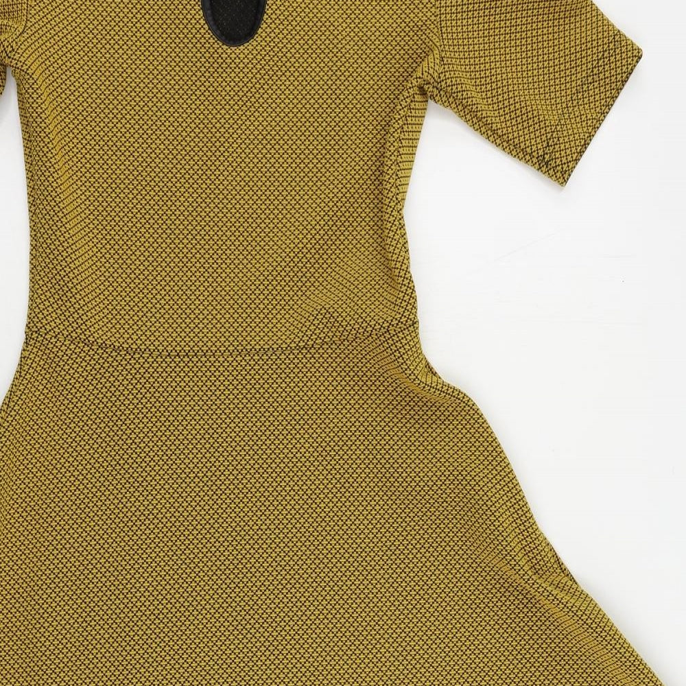 H&M Womens Yellow Geometric Polyester Skater Dress Size 6 Round Neck Button