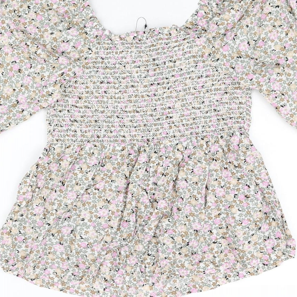 Marks and Spencer Womens Multicoloured Floral Cotton Basic Blouse Size 6 Scoop Neck - Rouched